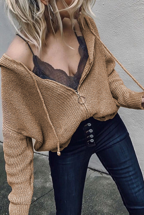 Zipper V-Neck Dropped Sleeve Hooded Solid Sweater